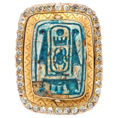 Antique Egyptian Revival 15k Yellow Gold Faience and Old Cut Diamond Flip Ring