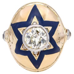Victorian 14k Yellow Gold Blue Enamel Star and Old European Diamond Ring