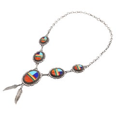 Vintage Navajo Jon McCray Sterling Silver Multi-Stone Inlay Feather Necklace