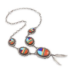 Vintage Navajo Jon McCray Sterling Silver Multi-Stone Inlay Feather Necklace