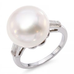 Vintage Platinum South Sea Pearl and Baguette Cut Diamond Ring