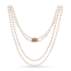 Vintage 14k Yellow Gold Ruby & Diamond Clasp Multi-Strand Pearl Necklace
