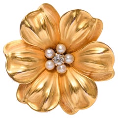 Antique Victorian 14k Yellow Gold Seed Pearl and Diamond Flower Brooch