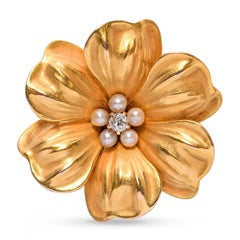 Antique Victorian 14k Yellow Gold Seed Pearl and Diamond Flower Brooch