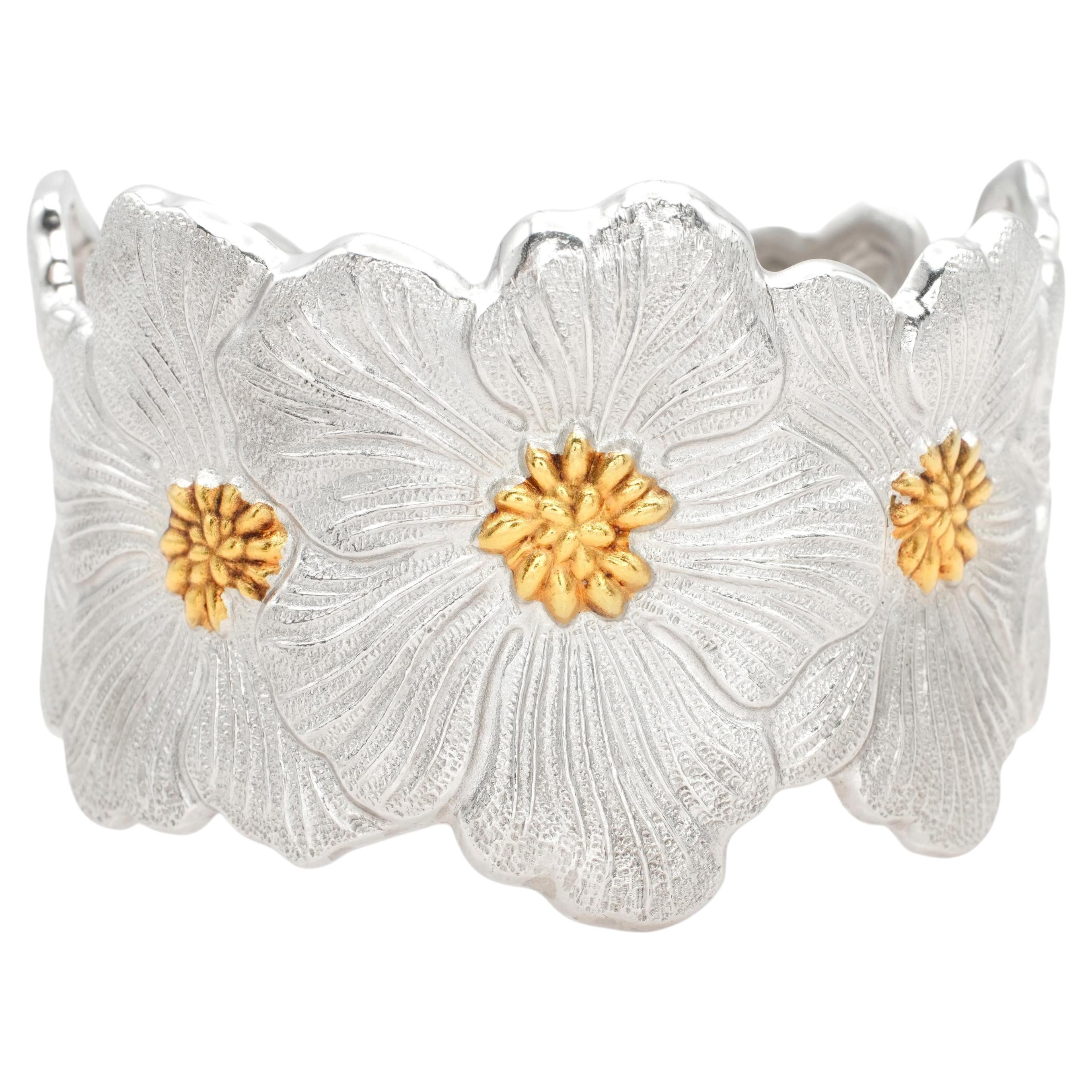 Pre-owned Buccellati Sterling Silver & Gold Floral Cuff Bracelet In Multiple