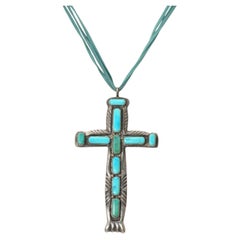 Vintage William Lule Sterling Silver Bluebird Mine Turquoise Cross Necklace