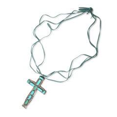 Vintage William Lule Sterling Silver Bluebird Mine Turquoise Cross Necklace