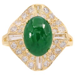 14k Yellow Gold 2.18ct Imperial Green Jadeite Jade & Diamond Pavé Ballerina Ring