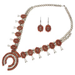 Vintage Southwestern Silver Coral Cluster Squash Blossom Necklace & Earrings