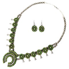 Victor Begay Navajo Sterling Silver Turquoise Squash Blossom Necklace & Earrings