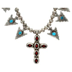 Vintage Southwestern Sterling Silver Turquoise Coral Arrowhead Cross Necklace