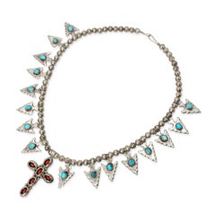 Vintage Southwestern Sterling Silver Turquoise Coral Arrowhead Cross Necklace