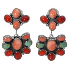 Southwestern Sterling Silver Coral Turquoise Cluster Dangle Earrings