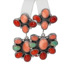 Southwestern Sterling Silver Coral Turquoise Cluster Dangle Earrings