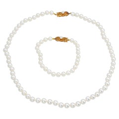 Mikimoto 18k Yellow Gold Pearl Necklace and Bracelet Set