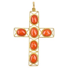 Vintage 18k Yellow Gold 5.1tcw Coral Cross Pendant
