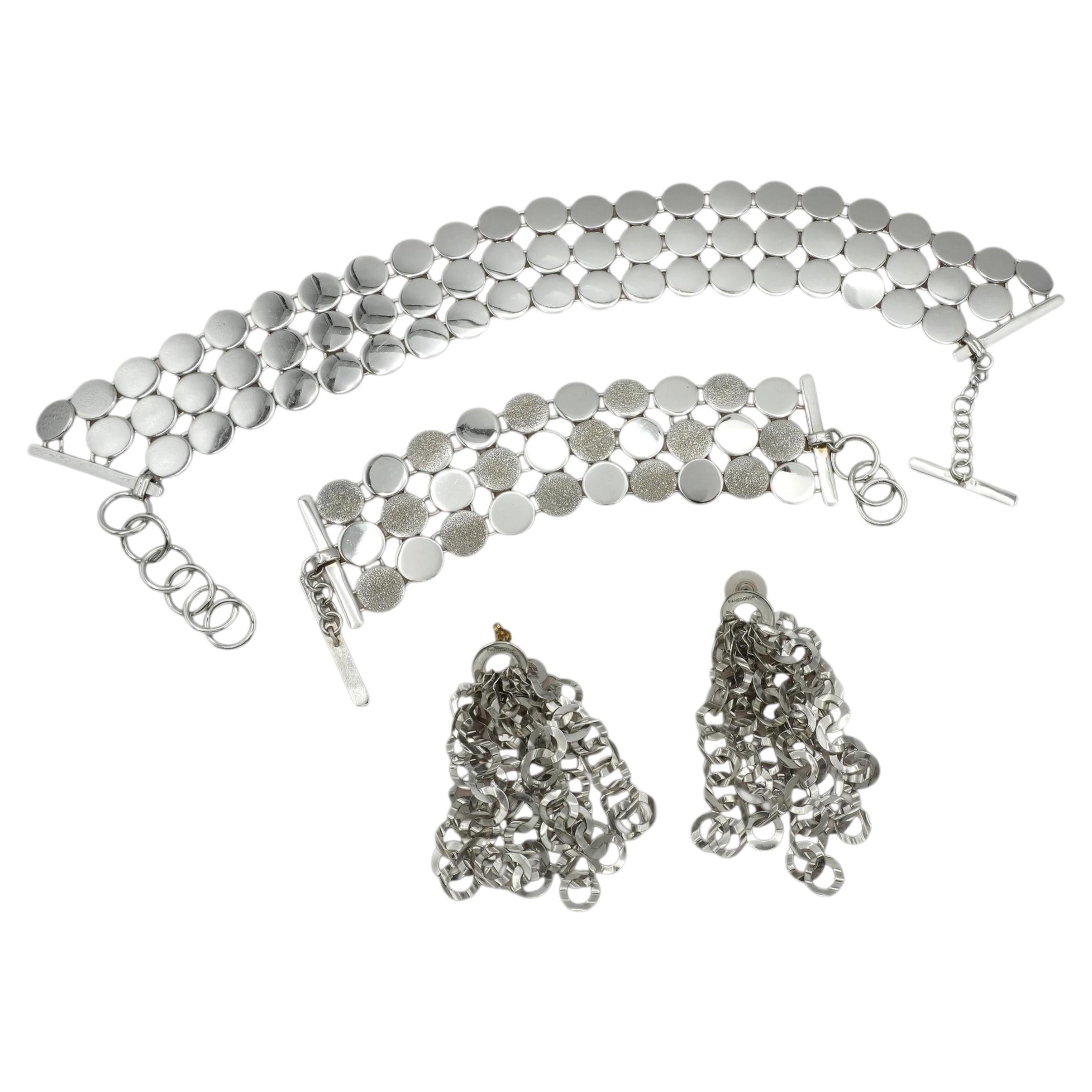 Pre-owned Pianegonda Silver Disc Link Necklace Bracelet And Dangle Earrings Set In Multiple