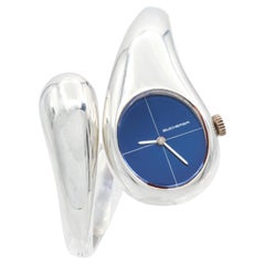 Vintage Bucherer 800 Silver Blue Dial Hand-Wind Bangle Cuff Watch