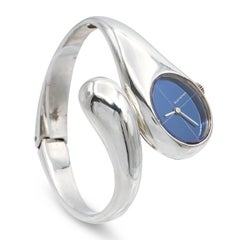 Vintage Bucherer 800 Silver Blue Dial Hand-Wind Bangle Cuff Watch