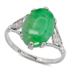 Art Deco English 18kt White Gold Jadeite Jade and Diamond Ring