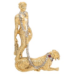 Erte 14k Yellow Gold Sultry Woman with Cheeta Diamond and Ruby Brooch Pin