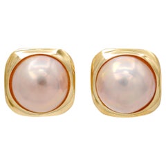 Vintage 14k Yellow Gold Mabe Pearl Omega Back Stud Earrings