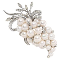 Vintage 13k White Gold Pearl and 3.01ctw Diamond Grape Cluster Brooch