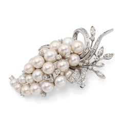Vintage 13k White Gold Pearl and 3.01ctw Diamond Grape Cluster Brooch
