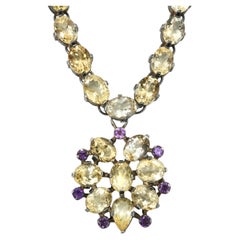 Vintage Sterling Silver Citrine & Amethyst Cluster Pendant Necklace