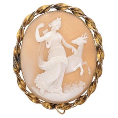 Antique Yellow Gold Artemis with Deer Cameo Brooch