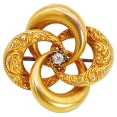 Antique Victorian 20k Yellow Gold Diamond Repoussé Love Knot Brooch