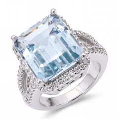 14k White Gold 8.37ct Aquamarine & Diamond Split Shank Statement Ring