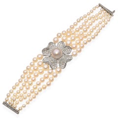 Vintage Platinum Diamond Flower Five Strand Graduated Pearl Bracelet