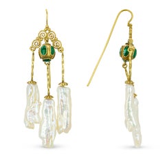 Vintage 9k Yellow Gold Pearl Etruscan Revival Chandelier Earrings
