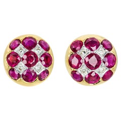 Vintage 17k Yellow Gold Ruby and Diamond Checkerboard Stud Earrings