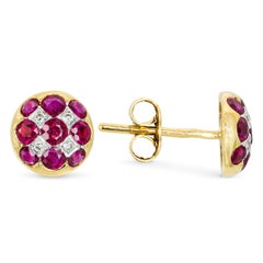 Vintage 17k Yellow Gold Ruby and Diamond Checkerboard Stud Earrings
