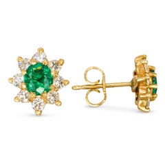 Vintage 14k Yellow Gold Emerald and Diamond Halo Stud Earrings