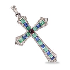 Antique Platinum-Topped 18k Gold Diamond, Sapphire, Emerald Cross Pendant