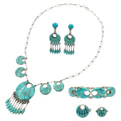 Zuni Annie Quam Gasper Sterling Silver Turquoise Inlay Spiderweb Jewelry Set