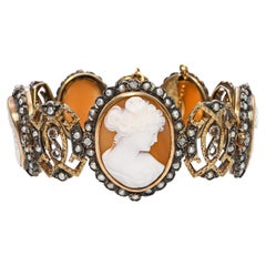 Victorian Silver and Yellow Gold Multi Cameo Pearl and Diamond Bracelet