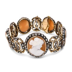 Victorian Silver and Yellow Gold Multi Cameo Pearl and Diamond Bracelet