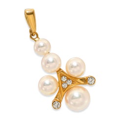 Vintage Mikimoto 18k Yellow Gold Akoya Cultured Pearl and Diamond Pendant