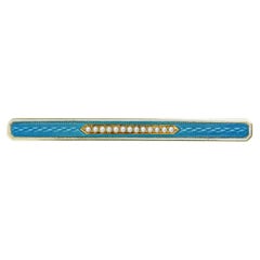 Edwardian 13k Yellow Gold Pearl and Enamel Guilloché Bar Brooch