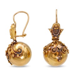 Antique Victorian Etruscan Revival 19k Yellow Gold Drop Earrings