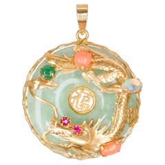 Vintage Yellow Gold Jade Multi Gemstone Dragon Chinese Fú Pendant