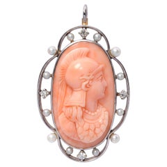 Edwardian Platinum-Topped 13k Gold Coral, Pearl and Diamond Cameo Athena Pendant