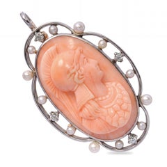 Edwardian Platinum-Topped 13k Gold Coral, Pearl and Diamond Cameo Athena Pendant