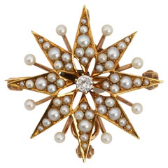 Antique Victorian 14k Yellow Gold Diamond and Pearl Star Brooch Pendant