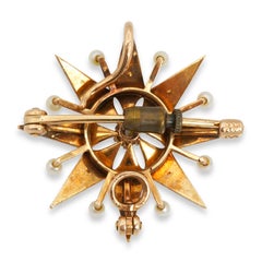 Antique Victorian 14k Yellow Gold Diamond and Pearl Star Brooch Pendant