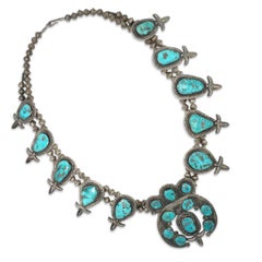 Vintage Navajo Sterling Silver Morenci Turquoise Squash Blossom Necklace